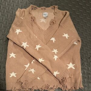 Cozy Casual Star V-Neck Sweater - Brown and Cream